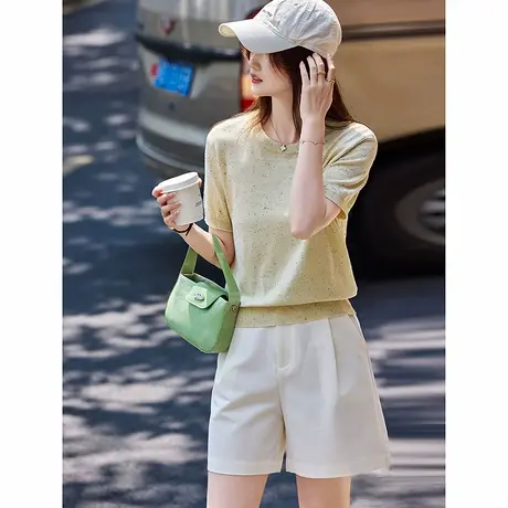 时尚气质针织衫2025年夏季新款女圆领百搭简约休闲针织短款上衣商品大图