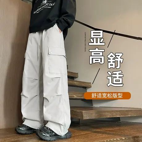 工装长裤子男孩春秋季初高中学生青少年运动宽松阔腿直筒休闲裤潮商品大图