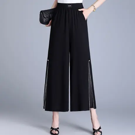雪纺阔腿裤女夏季新款高腰宽松显瘦垂感女士休闲裤开叉九分妈妈裤商品大图