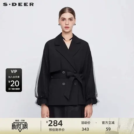 sdeer圣迪奥女装秋复古西装领收腰网纱短款风衣S231Z1703商品大图