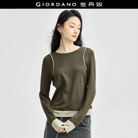 佐丹奴T恤女装假两件撞色拼接针织圆领长袖T恤 18324625商品大图