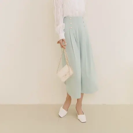 桔熊夏季通勤七八分裤子女纯色双排扣高腰宽松a字裤大码BA7104图片