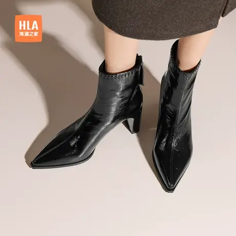 HLA/海澜之家高跟短靴女2025新款冬季粗跟尖头弹力瘦瘦靴加绒女靴商品大图