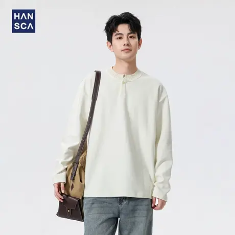 hansca360g针织肌理感亨利领长袖t恤男秋季复古宽松百搭套头上衣商品大图
