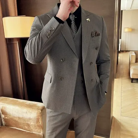商务绅士风双排扣西服男士千鸟格套装高级灰修身正装新郎结婚礼服商品大图