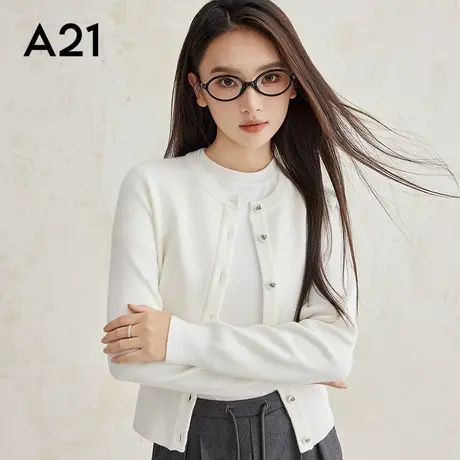 A21女装合体圆领平肩开襟长袖毛衫时尚纯色简约百搭通勤针织开衫商品大图