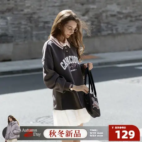 唐狮2025秋冬季长袖polo衫女美式学院风前胸文字印花撞色慵懒风商品大图