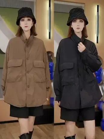 韩版工装风大口袋简约立领棉服风衣女秋冬时尚宽松中长冲锋衣外套商品大图