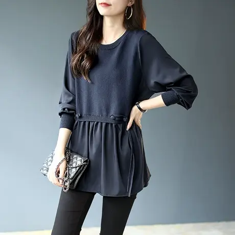 宝诗黎圆领假两件拼接针织衫2023秋季上衣女新款长袖时尚宽松毛衣商品大图