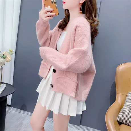 短款小个子破洞V领毛衣开衫女秋冬新款女装宽松慵懒风针织外套潮图片