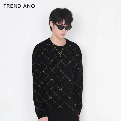 TRENDIANO潮牌官方秋冬男装复古网格提花休闲针织衫圆领套头毛衣商品大图