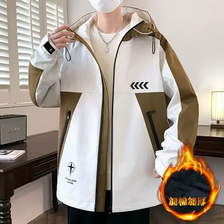 秋冬季青少年夹克男孩加棉加厚连帽棉服中学生保暖撞色棉衣外套男商品大图