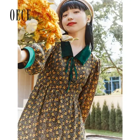 【买1送1】Oece复古系带碎花裙冬女韩版收腰长袖连衣裙图片