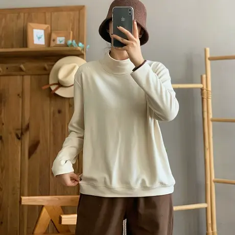 dza复古纯色高领宽松T恤女2023秋冬新款内搭上衣休闲百搭打底衫女商品大图