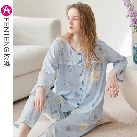 芬腾女士睡衣春秋季纯棉长袖套装女款蕾丝边宽松休闲加大码家居服商品大图