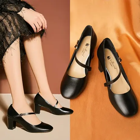 清仓单鞋春款法式春款玛丽珍女鞋圆头纯色通勤粗跟休闲真皮工作鞋商品大图
