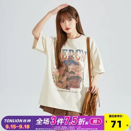 [YEP联名]唐狮短袖T恤女美式复古夏季2023新款宽松休闲上衣小众x图片