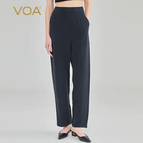 VOA30姆米重磅砂洗真丝自然腰侧插口袋简约百搭藏青真丝直筒长裤商品大图