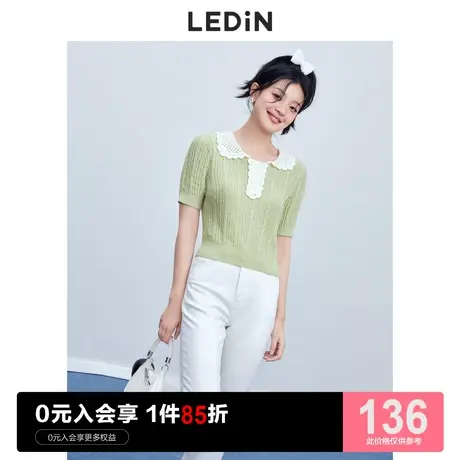 乐町花边领撞色上衣女休闲夏季新款T恤薄款镂空针织短袖女夏图片