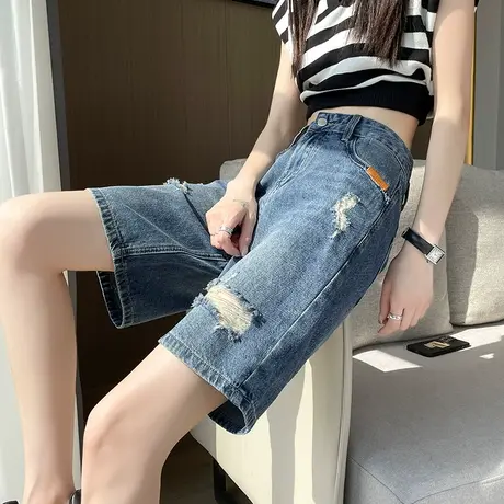 破洞牛仔短裤女夏季薄款高腰显瘦宽松阔腿中裤小个子直筒五分裤子商品大图
