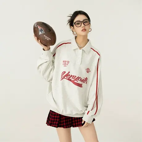 yep美式字母polo领运动卫衣女2023新款oversize上衣春秋复古外套商品大图