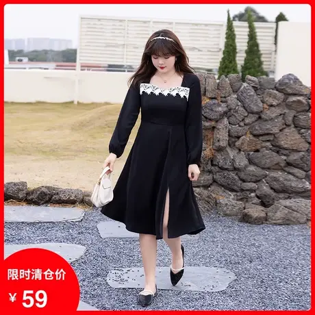 【清仓】季新款法式气质方领中长款小黑裙大码胖MM连衣裙显瘦遮肚商品大图