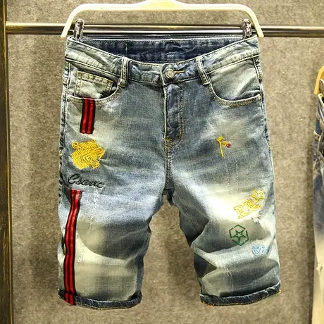 夏季复古破洞牛仔裤短裤男修身弹力五分裤子韩版潮牌网红中裤薄款商品大图
