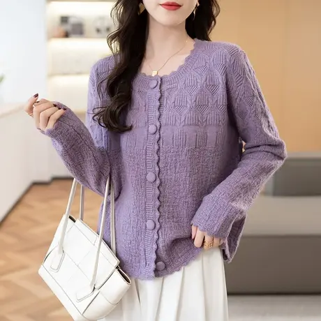2023秋装新款韩版圆领针织衫女长袖纯色百搭上衣宽松毛衣开衫外套商品大图