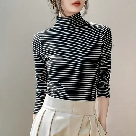 高领条纹长袖打底衫女2023秋冬新款磨毛修身减龄西装内搭加绒上衣商品大图