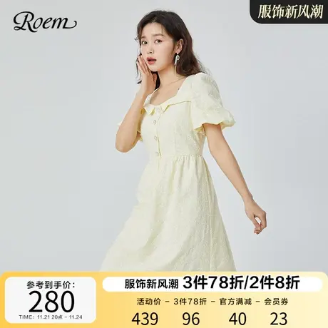 Roem春秋中长裙商场同款新品法式复古方领泡泡浪漫少女连衣裙图片