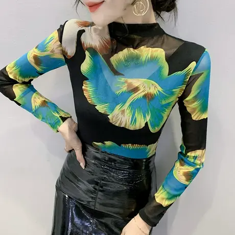 加绒打底衫女秋冬半高领加厚长袖T恤紧身内搭小衫复古印花上衣潮商品大图