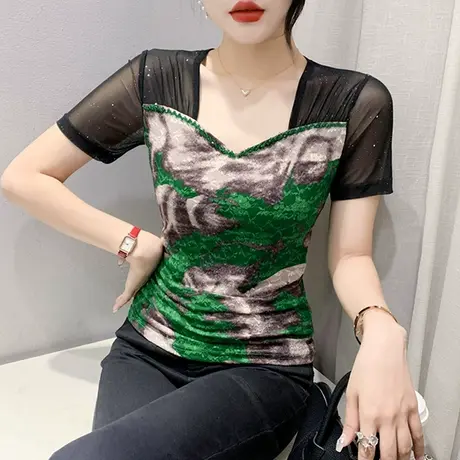 欧货性感V领T恤女短袖2024夏季新款网纱拼接洋气小衫时尚钉珠上衣商品大图