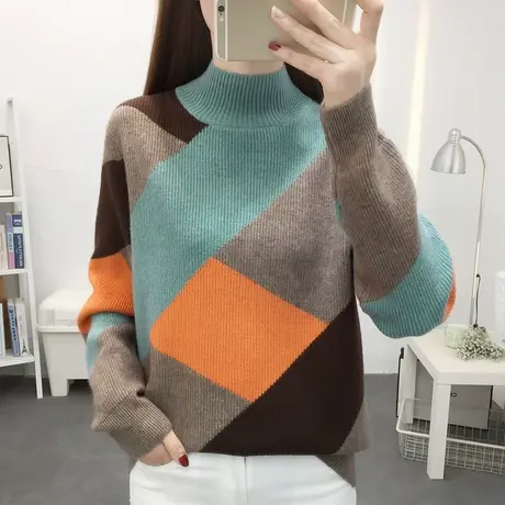 半高领宽松拼色套头毛衣女2023秋冬新款针织打底衫加厚洋气上衣潮商品大图