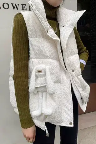 2023秋冬季新款韩版纯色立领兔子挂件减龄羽绒棉马甲格纹保暖外套商品大图