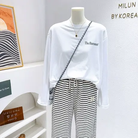 微胖显瘦~韩国东大门早秋新款长袖T恤打底衫宽松高级感纯棉上衣女图片