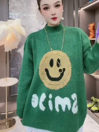 2023秋冬新款毛衣外套女时尚洋气套头假两件笑脸图案宽松针织上衣商品大图