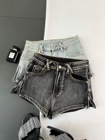 美式高街侧边拉链高腰牛仔短裤女夏季辣妹外穿百搭A字阔腿热裤潮商品大图