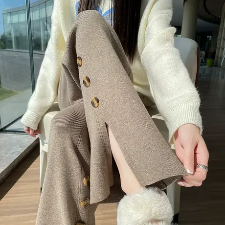 卡其针织阔腿裤女秋冬新款高腰抽绳显瘦宽松休闲裤垂感开叉拖地裤商品大图