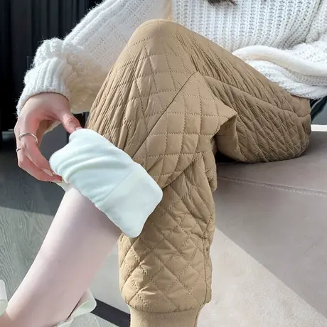 加厚加绒女裤夹棉裤子棉花棉裤女冬季外穿雪地防寒裤菱形格子休闲图片