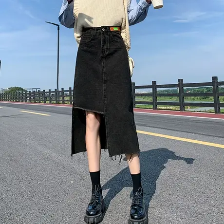 春秋2023年新款高腰中长款牛仔半身裙女a字开叉不规则设计感裙子图片
