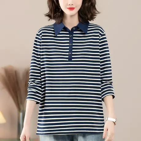 条纹长袖t恤女春秋新款加肥加大码女装宽松纯棉遮肚子翻领打底衫商品大图