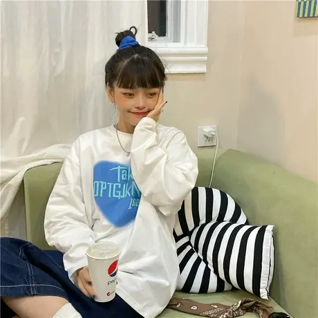 红续原创自制复古印花长袖T恤女2023春秋新款百搭纯棉打底衫ins潮图片