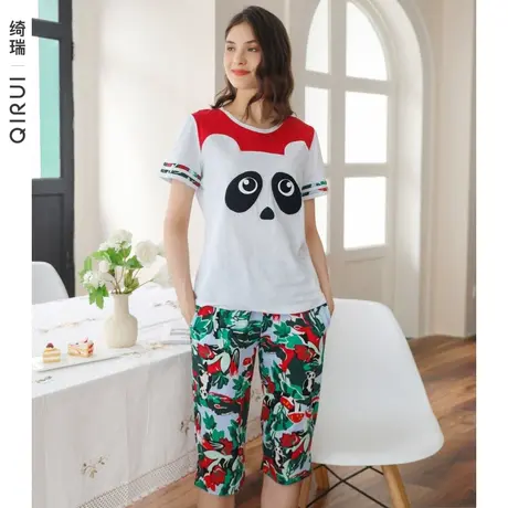 绮瑞纯棉可爱卡通熊猫睡衣女士夏季短袖薄款全棉家居服运动套装商品大图