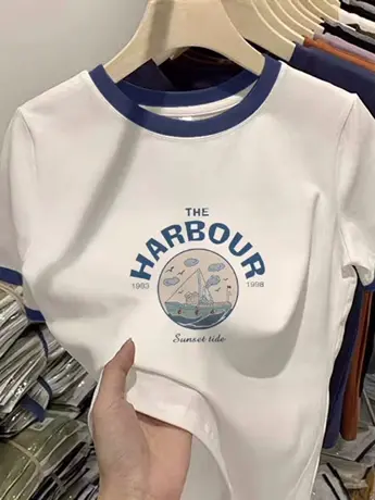 宽松显瘦拼接撞色短袖t恤女2023年新款正肩美式复古大码上衣夏季图片