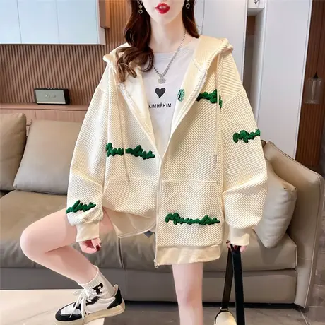连帽外套女春秋季韩版宽松大码设计感小众薄款重工刺绣华夫格开衫图片
