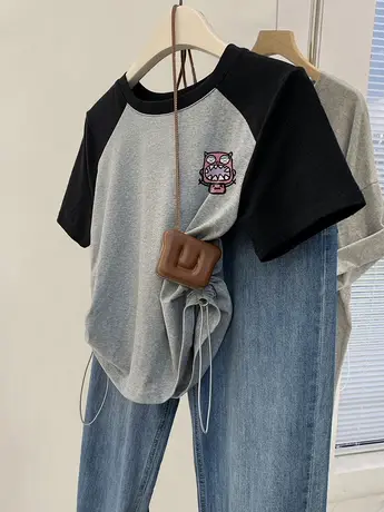 插肩t恤女夏正肩复古微胖mm显瘦穿搭ins潮抽绳短袖甜辣风修身上衣商品大图