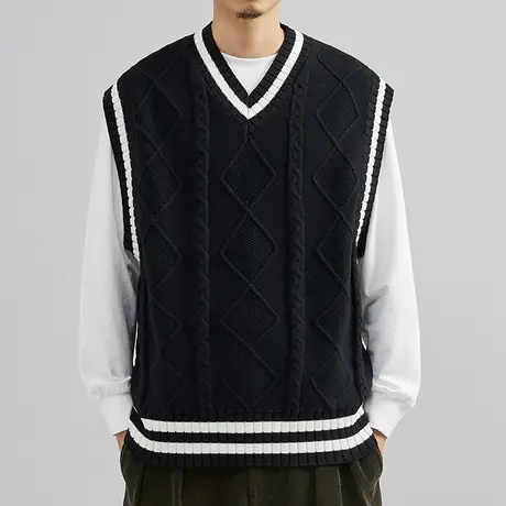 韩版学院风V领毛衣背心男士2022秋季潮流宽松针织衫撞色毛衫马甲图片