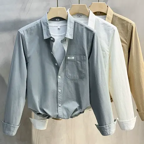 春秋2023新款日系文艺纯色衬衫男士衬衣长袖男装潮流简约宽松外套商品大图