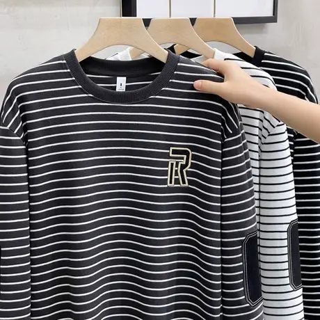 条纹卫衣男春秋季上衣服男士t恤长袖圆领打底衫男内搭宽松潮流ins商品大图