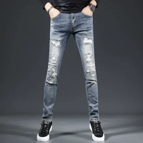 高端破洞牛仔裤男2023新款秋季蓝色修身小脚男士弹力潮牌长裤春秋商品大图